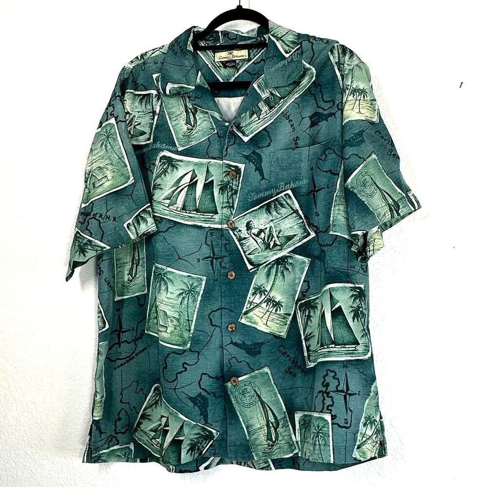 L Tommy Bahama 100% silk green aloha camp shirt Hawaiian Short Sleeve Men's